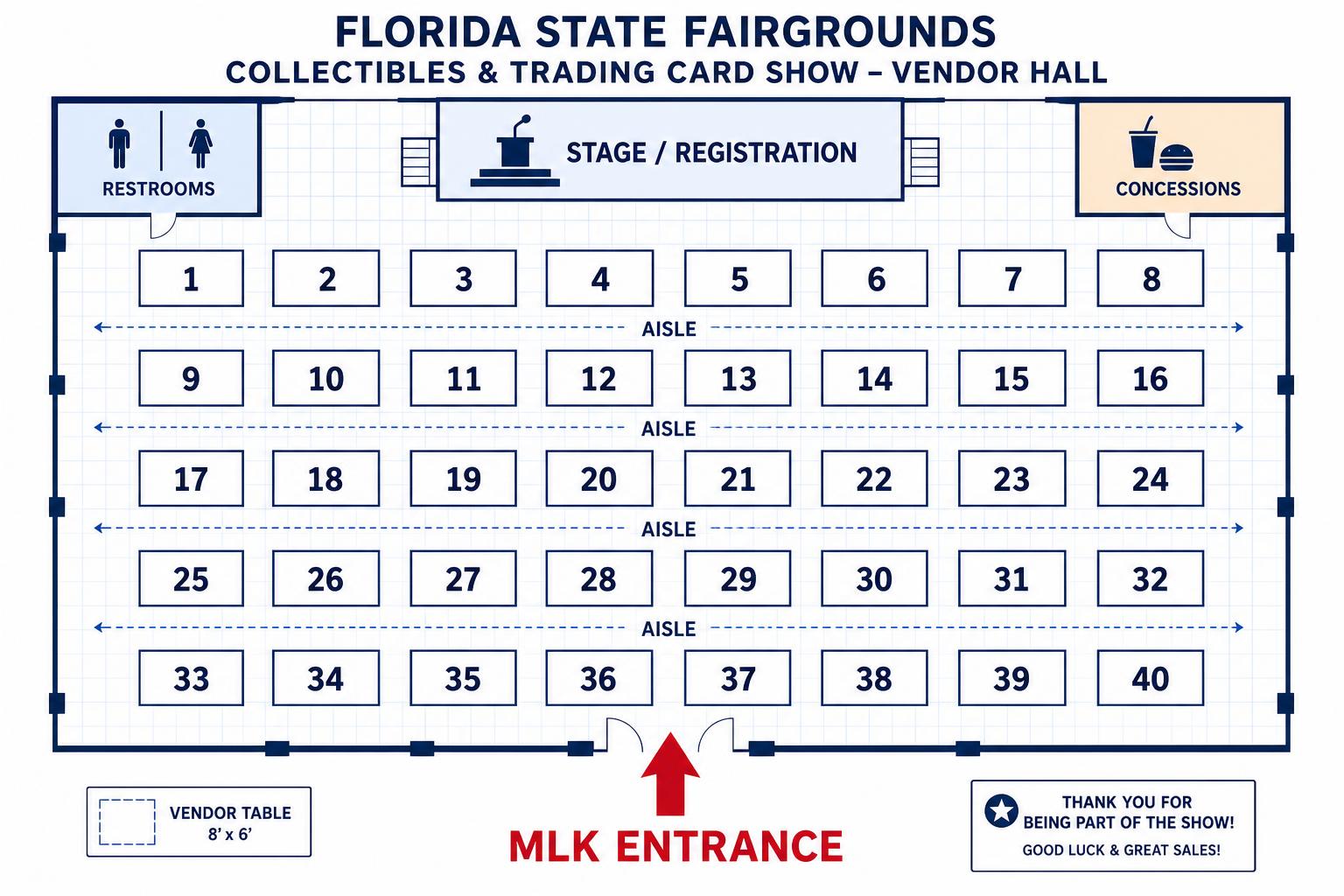 Vendor hall floor plan with 40 numbered tables